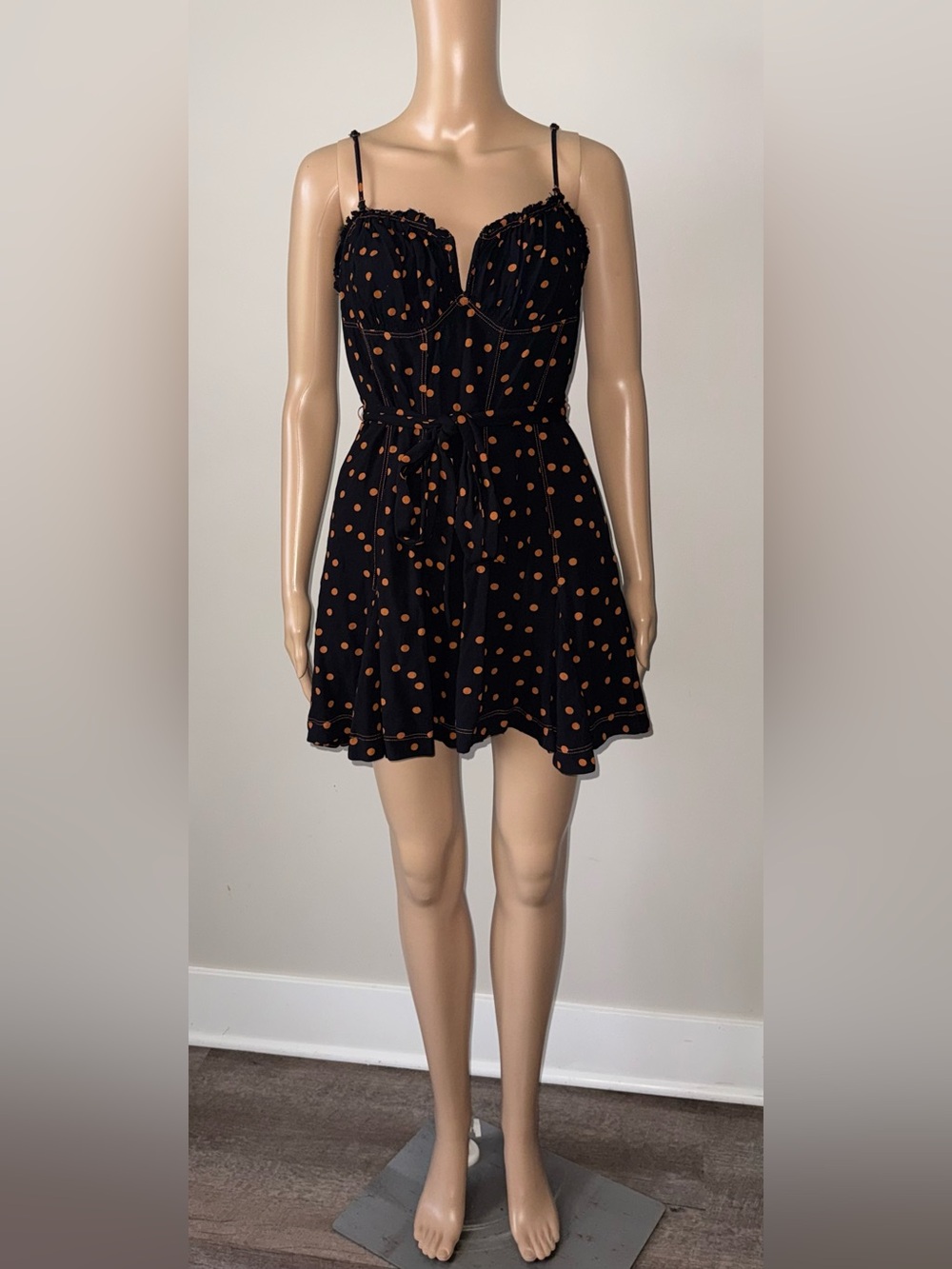 Free People Black Mini Romper with Orange Polka Dots